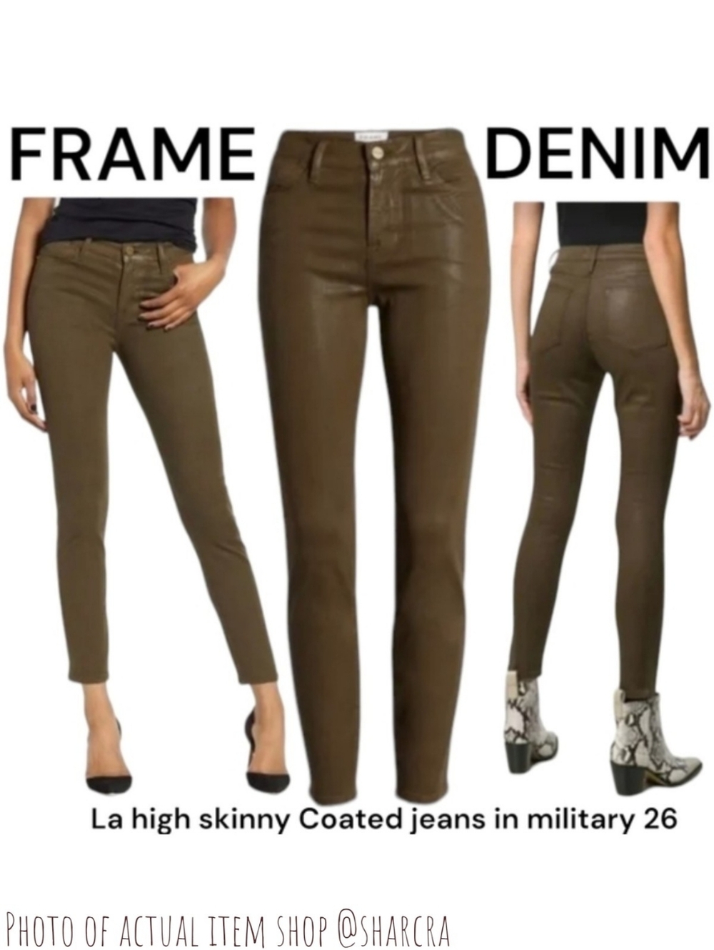 Frame denim Women Le High Skinny LHSKCT465 mid rise khaki Green Coated jeans 26
